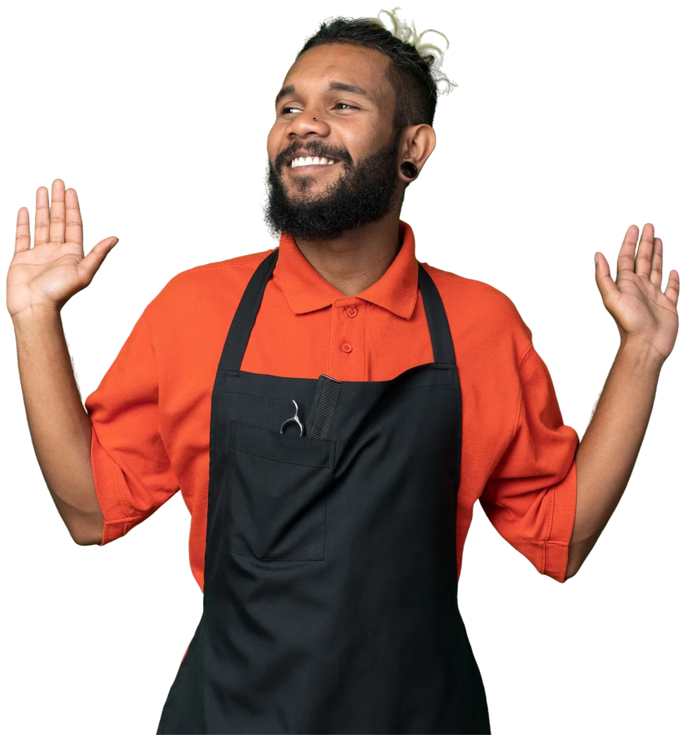 A smiling waiter in an apron